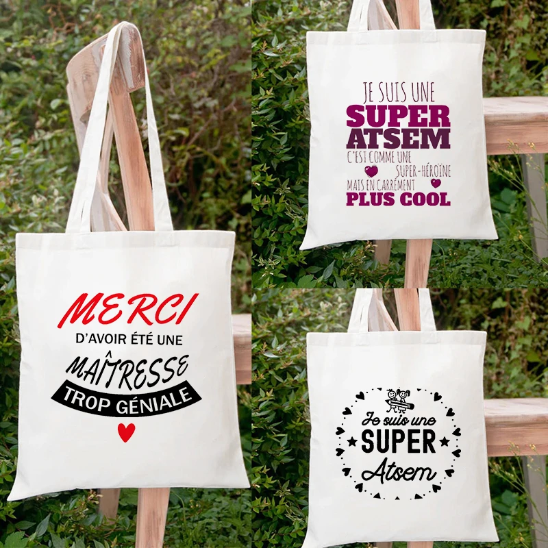

Merci Atsem French Print Pattern Fashion Women Shopping Bag Harajuku Shoulder Bags Shopping Girls Handbag Teacher Canvas Bag