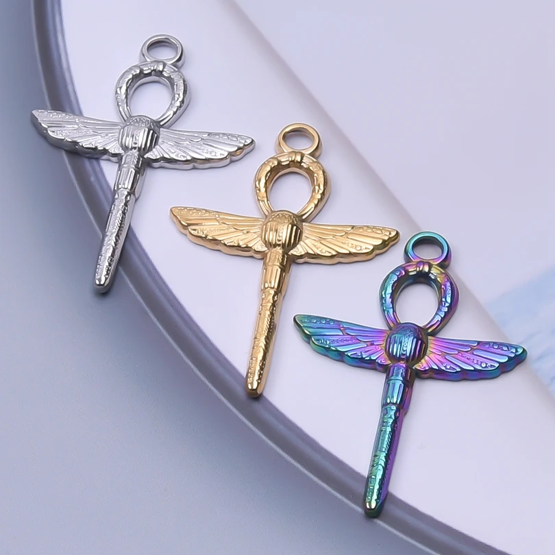 

Egypt Cross Charm Dangle Punk Stainless Steel Insect Dragonfly Vintage Women Necklace Pendant Jewelry Making Craft Amulet Bulk