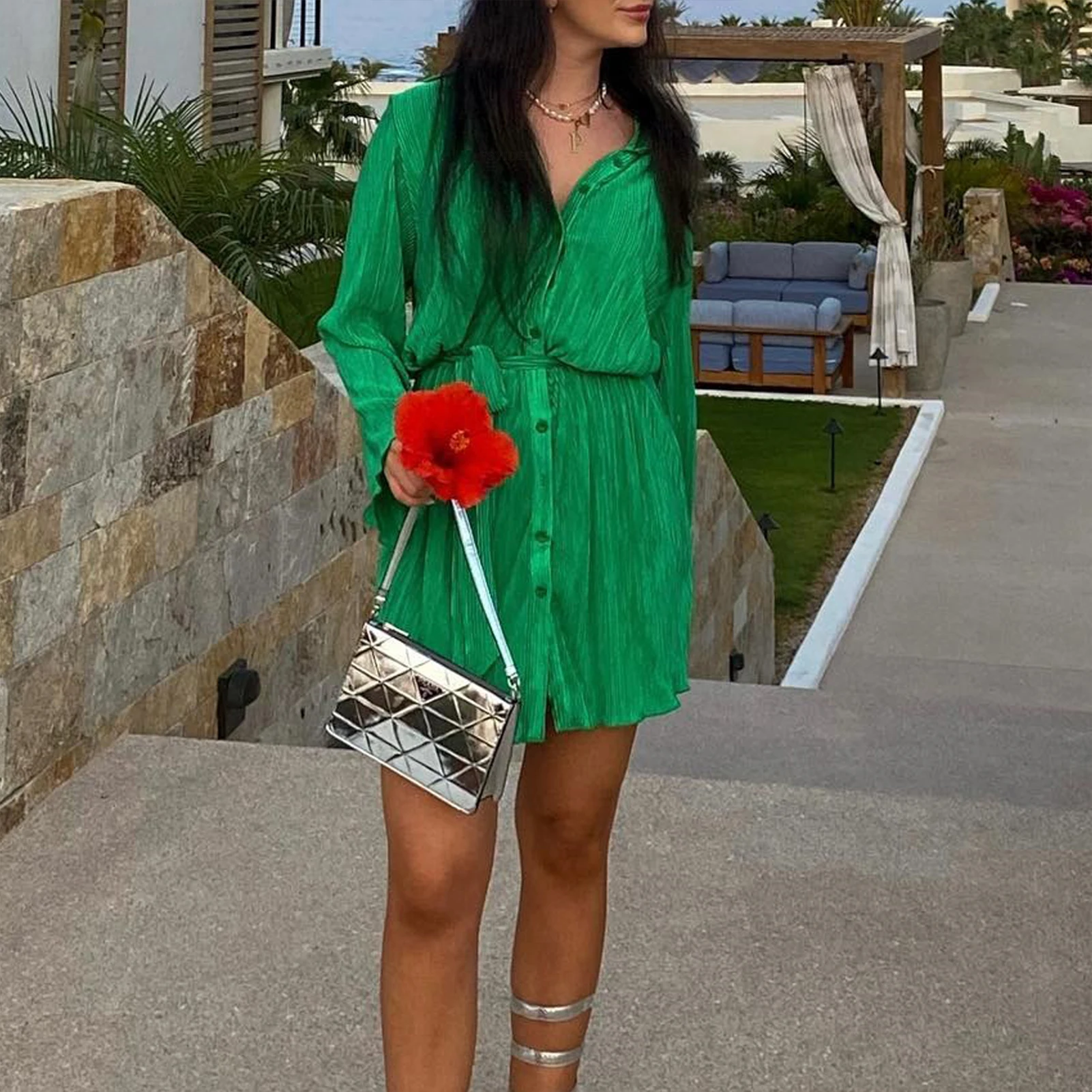 

Women Fashion Long Sleeve V-Neck Lace up Mini Dress Spring Elegant Flower Print Slim Dress Casual Single breasted Office Dresses