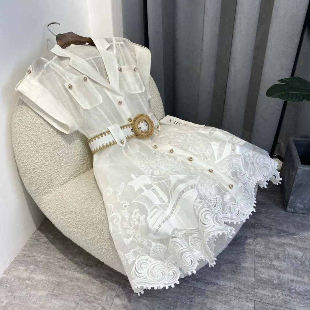 

Женское винтажное мини-платье с вышивкой, белое ажурное платье с поясом из ткани, лето 2022