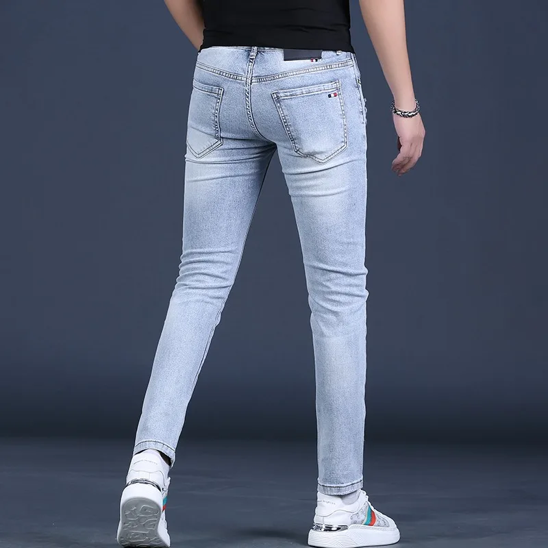 Summer Ripped Jeans Men Fashion Slim Fit Pencil Pants Streetwear Casual Lightweight Light Blue Denim Trousers