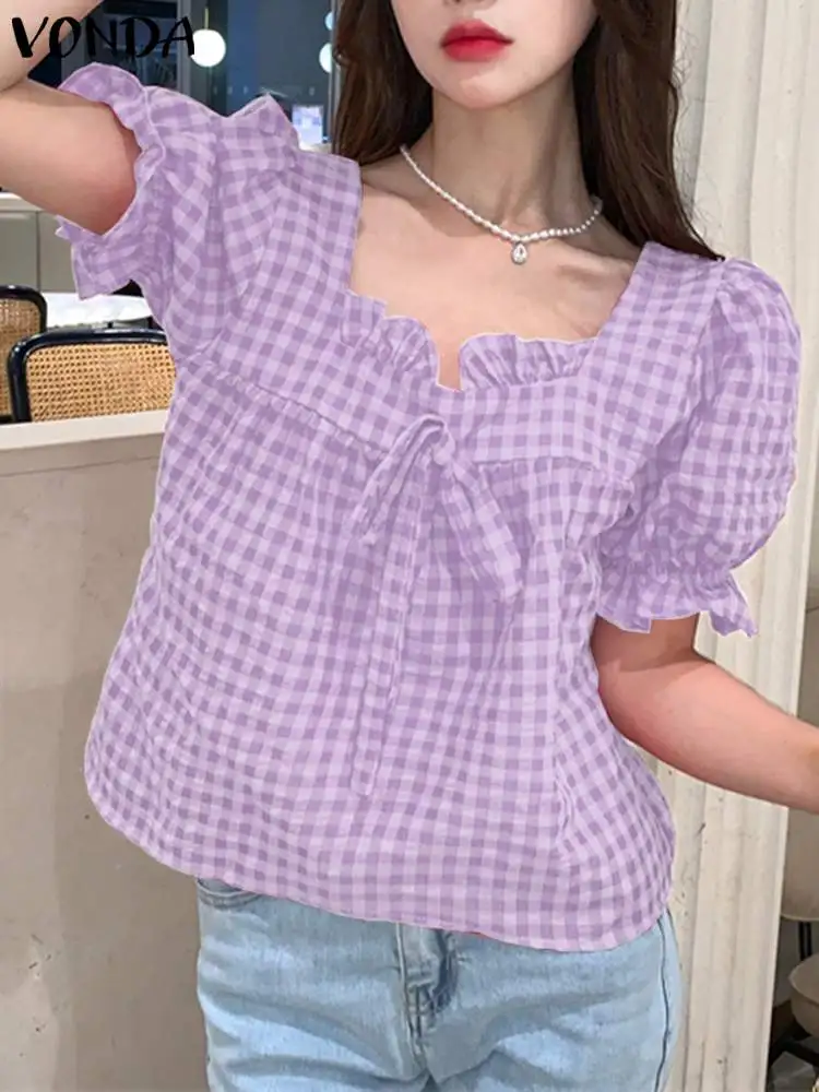

Sexy Short Sleeve Printed Tops Tees 2023 Fashion VONDA Women Vintage Plaid Blouses Bohemian Tunic Sexy Square Collar Shirts