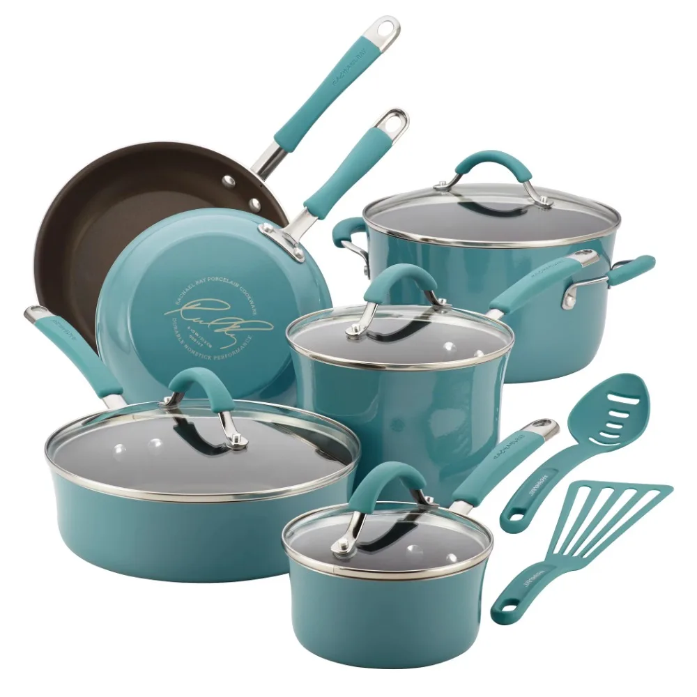 

Cucina Hard Porcelain Enamel Nonstick Cookware Pots and Pans Set, 12-Piece, Agave Blue Set