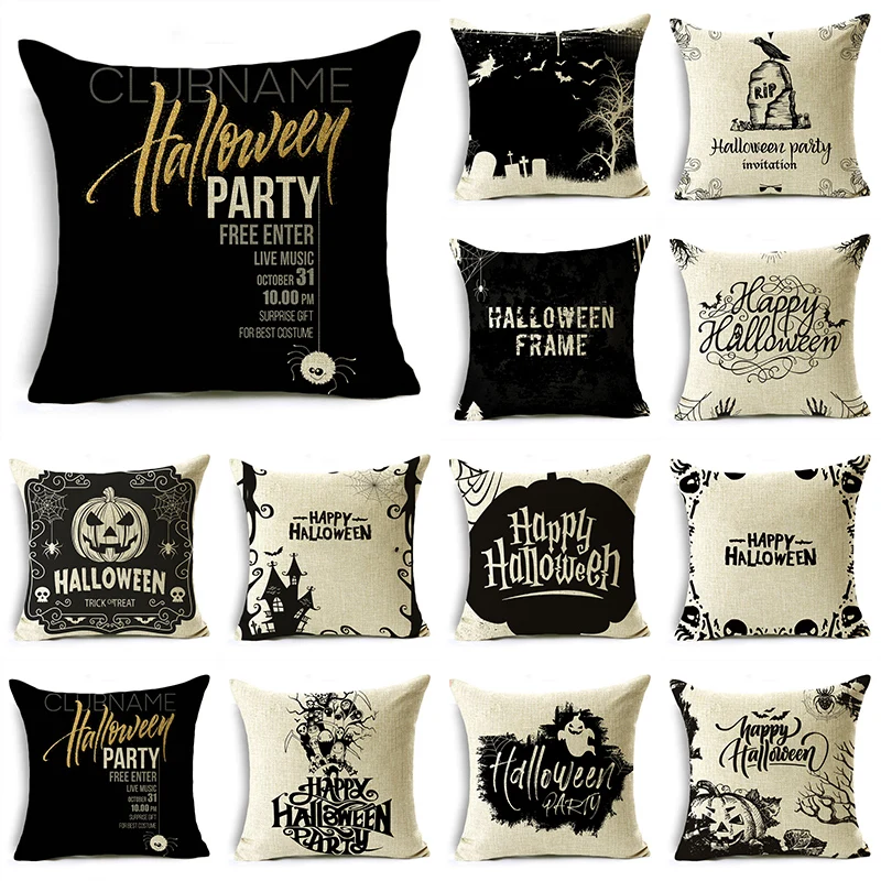 

Black White Simple Halloween Series Pumpkin Skull Linen Throw Pillowcase Decorative Cushion Cover For Sofa Livingroom Party