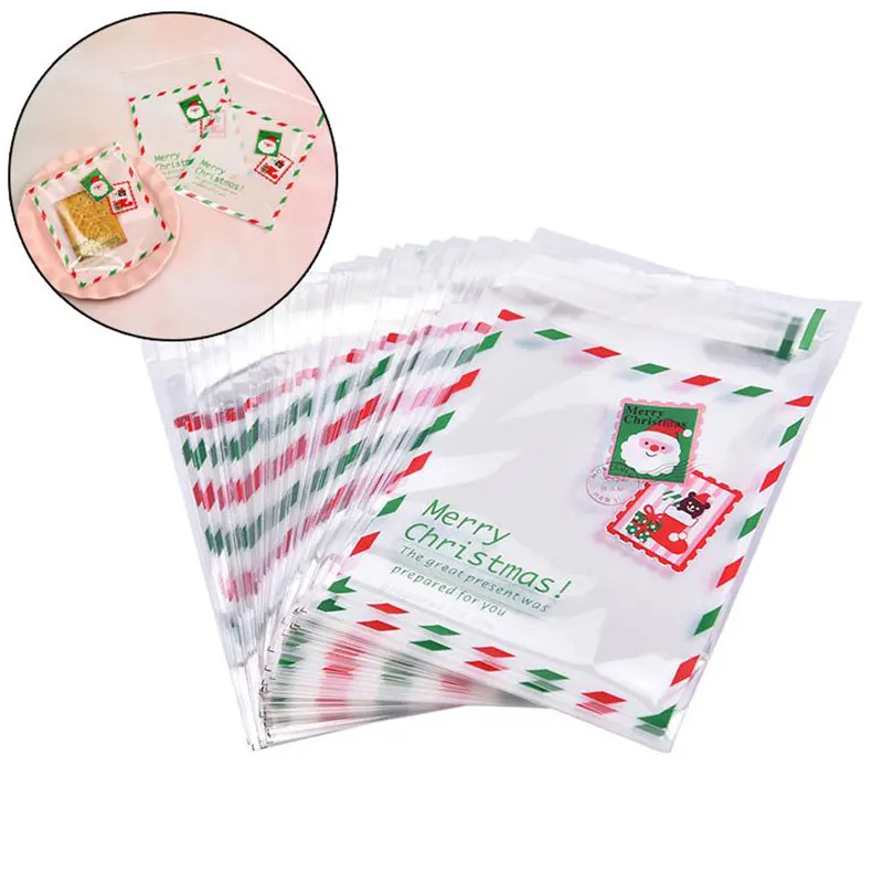 

100Pcs Christmas Candy Cookie Gift Bags Santa Claus Clear Plastic Bags Snacks Cookie Favor Packaging Bags Xmas Party Decoration