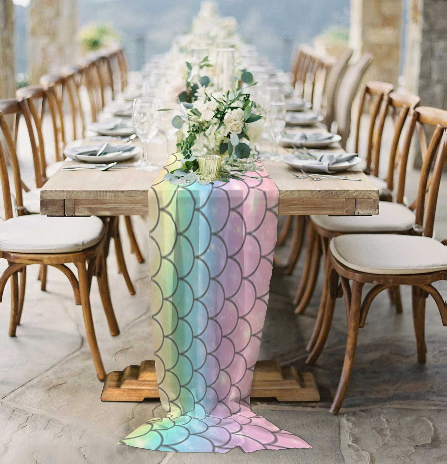 

Mermaid Scales Ocean Rainbow Sheer Chiffon Table Runner Country Wedding Party Birthday Tulle Voile Table Cloth Home Decoration