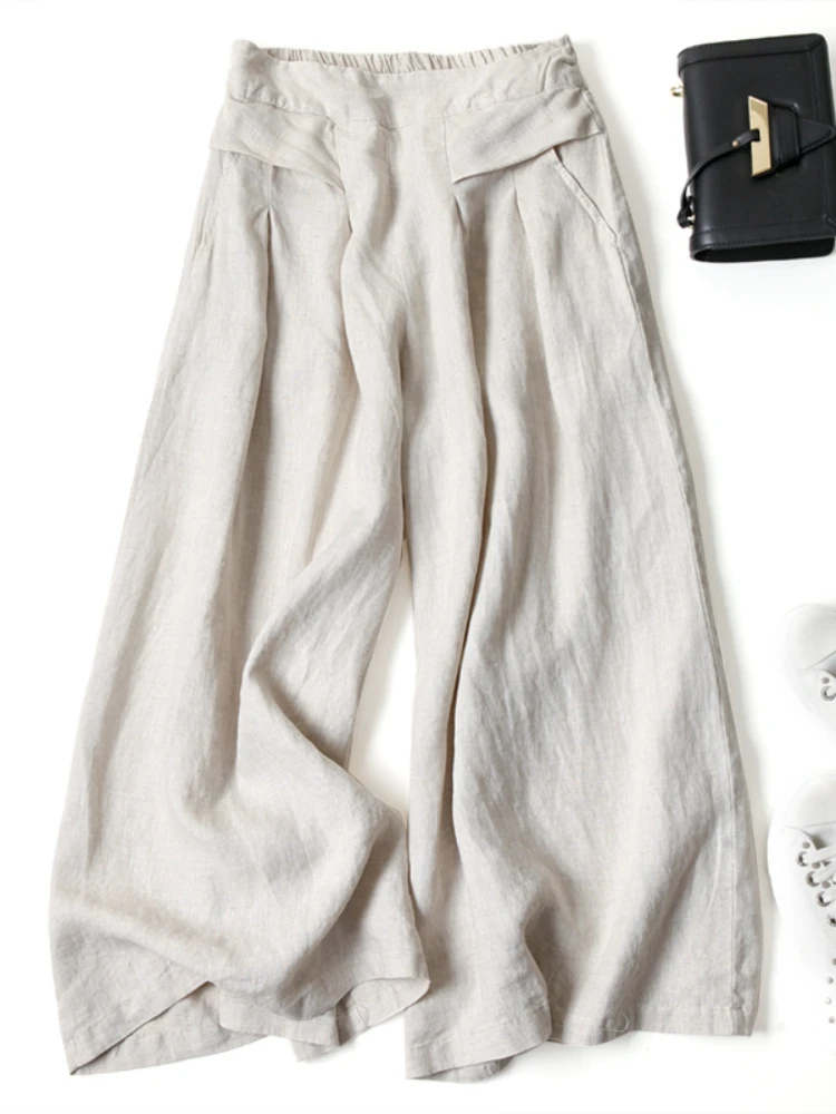 

Summer New Women's Pants Cotton and Linen Wide-leg Pants Culottes Loose High-waisted Slim Nine-point Pants Casual Pants Retro