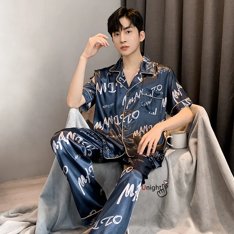 Spring Summer Man Pajama Sets Silk Sleepwear Pajamas for Men Plus Size Home Clothing Pyjamas Suit Home Wear Loungewear Homesuits