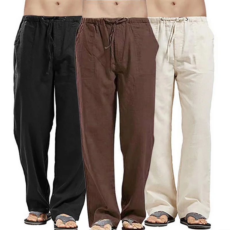 

Summer Men Cotton Linen Pants Multi-Pocket Straight Casual Large Size Breathable Comfortable Drawstring Loose Trousers Men Wear