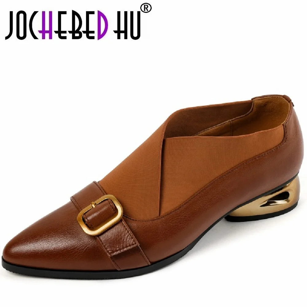 

[Jochebed hu】ранняя Весенняя новая стильная замшевая обувь из воловьей кожи с острым металлическим ремнем и пряжкой с закрытым носком на толстом каблуке высокие туфли 34-42