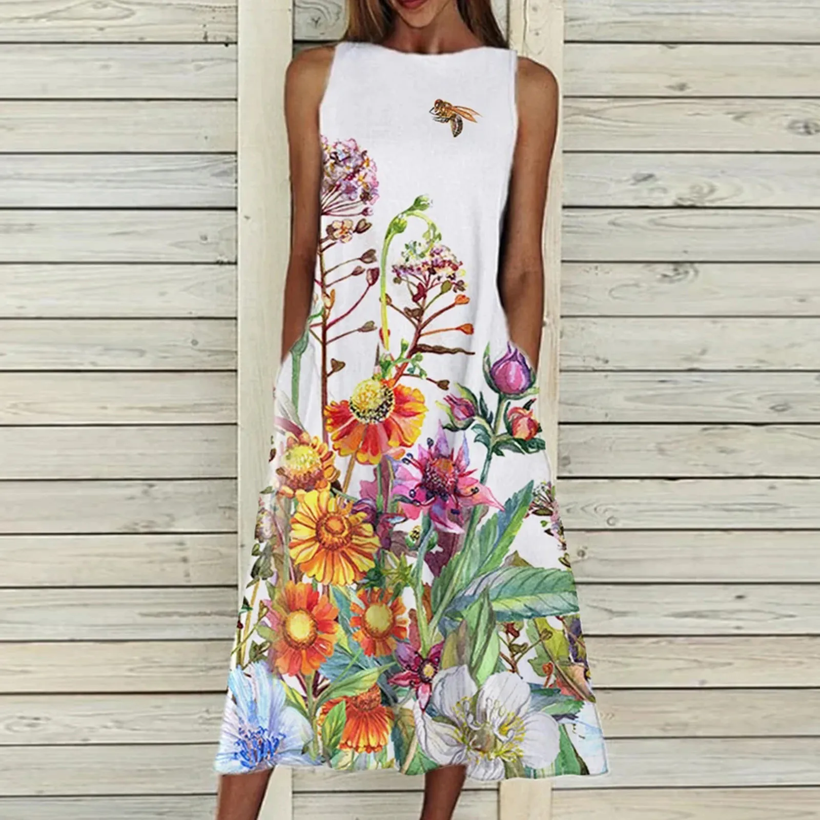 

Round Swing Holiday Beach Pocket Maxi Dress Neck Women Big Print Summer Dress Women's Dress Sundress with Pockets