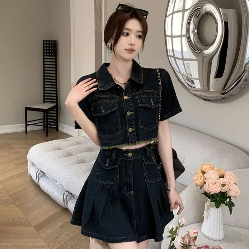 

Summer Denim Skirt 2 Piece Set 2023 Fashion New Short Sleeved Top+High Waisted Denim Short Skirt Retro Blue Elegant Women's Sets
