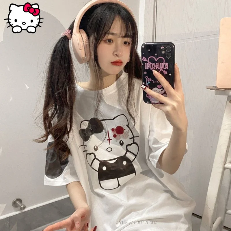 Sanrio Japanese Vintage Fashion White Short Sleeved Hello Kitty Printed T-shirt Women's Street Casual Cotton Top Girls Clothes
