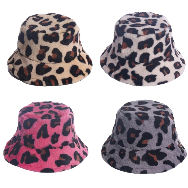 Women Winter Warm Fuzzy Plush Bucket Hat Leopard Print Sunscreen Fisherman Cap