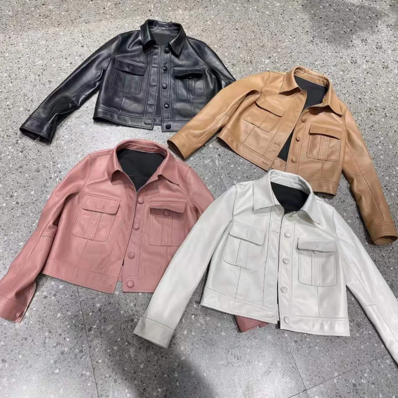 Motorcycle Real Jacket Spring Autumn Genuine Sheepskin Jackets for Women Solid Color Short Leather Coat Zm