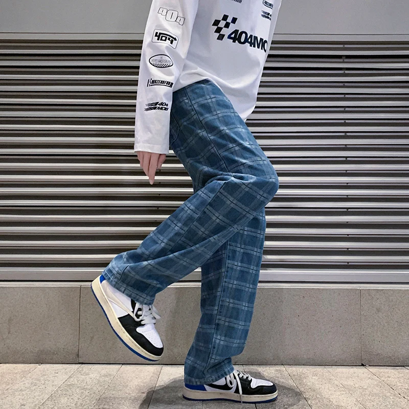 Men's Plaid Blue Baggy Jeans 2022 Spring New Korean Fashion Wide Leg Jean Y2k Printing Denim Pants Male Brand Clothes