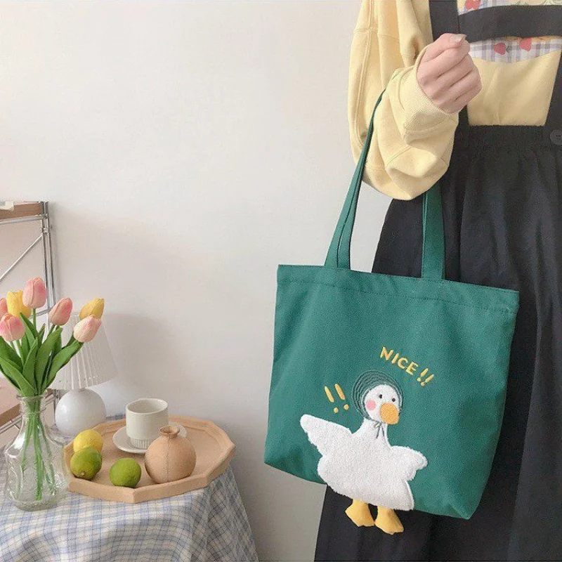 

Women Duck Embroidery Canvas Shoulder Bags Soft Large Capacity Work School Bags Handbag for Girl Shopping Tote Bags