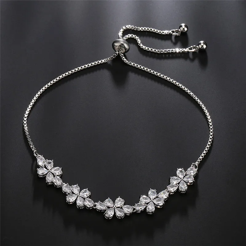 

JUNZI Fashion Four Leaf Clover Zirconia Bracelets for Women Exquisite Flower CZ Adjustable Bracelet Silver Color Party Jewelry