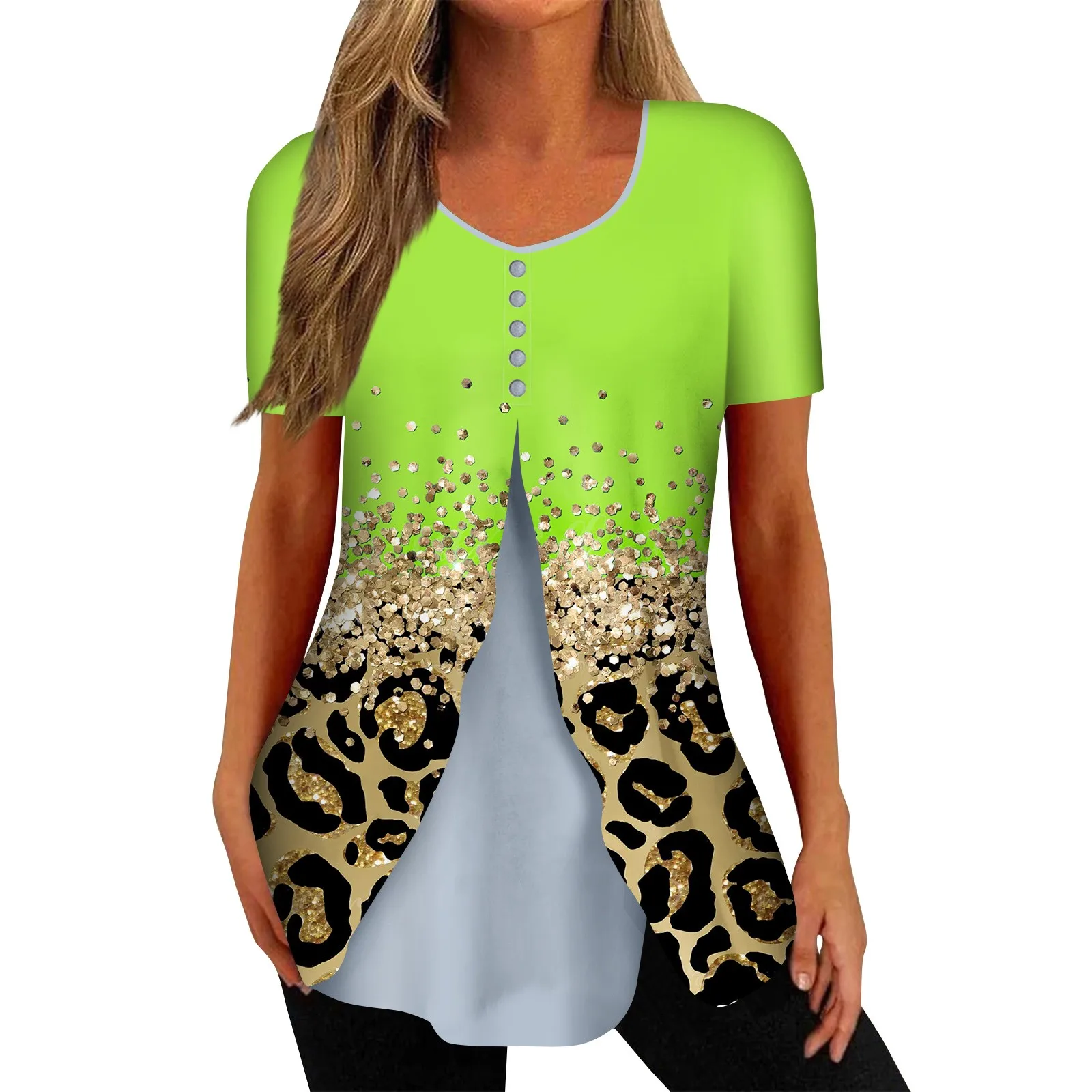 

Shirts For Women Short Sleeve Tops Dressy Casual Printed V-Neck Irregular Hem Blouses Tees Fashion Versatile Simplicity Woman