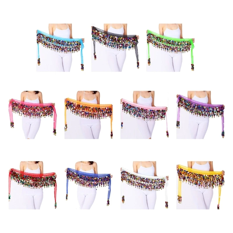 

652F Shimmering Tassels Belly Dancing Hip Scarf Dance Skirt Wrap Colorful Sequins