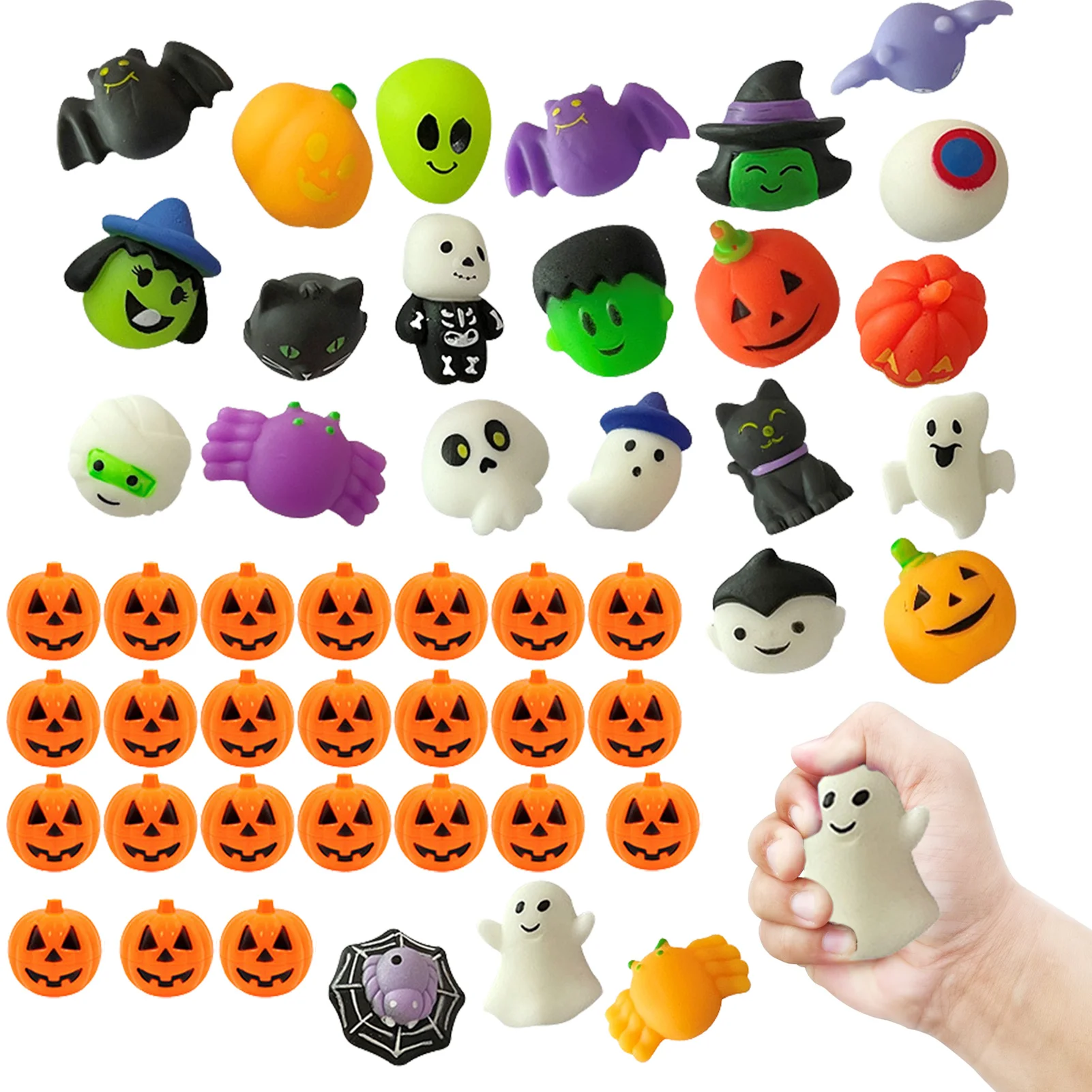 

24pcs Halloween Squeeze Toys Slow Rising Halloween Pumpkin Squishy Toys Halloween Toys Set With Bats Witches Skeletons Pinch