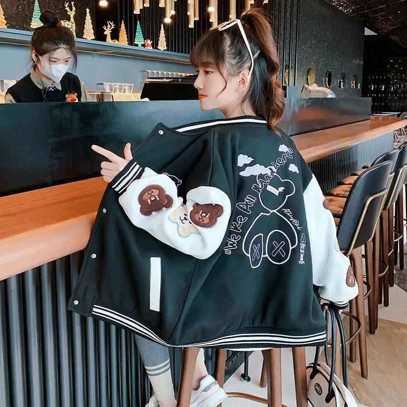 

Girls Spring Autumn Embroidered Letter Active Jacket Children Teenager Baseball Uniform Couple Wear Loose Casual Campus Coats