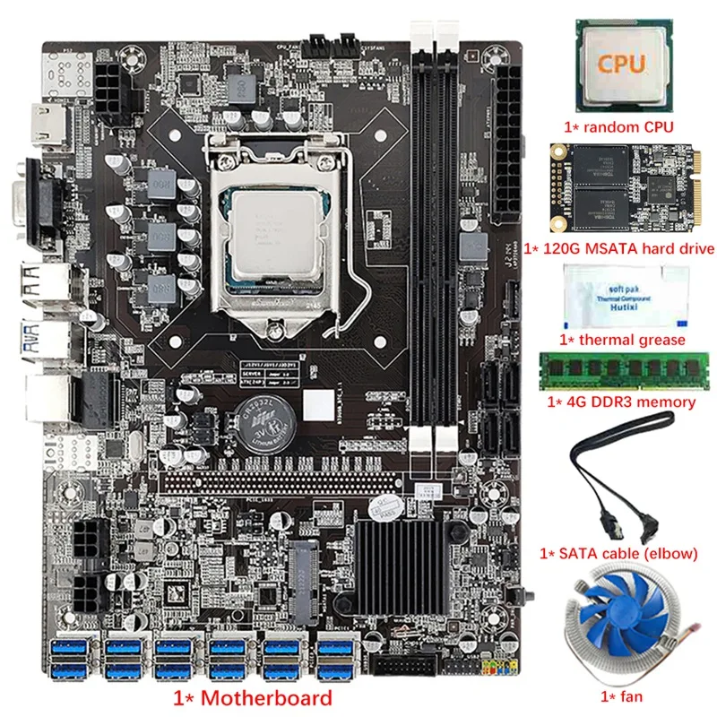 

NEW-12 USB3.0 B75 BTC Mining Motherboard CPU+Fan+4G DDR3 RAM+120G MSATA SSD+Thermal Grease+SATA Cable LGA1155 DDR3 SATA3.0