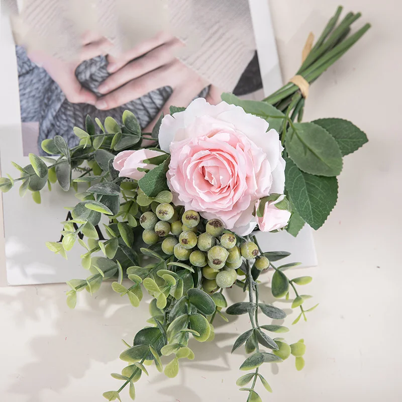 

Artificial Rose Flower Home DIY Flower Arrangement Fake Berry Eucalyptus Rose Flowers Bridal Bouquet Rustic Wedding Party Decor