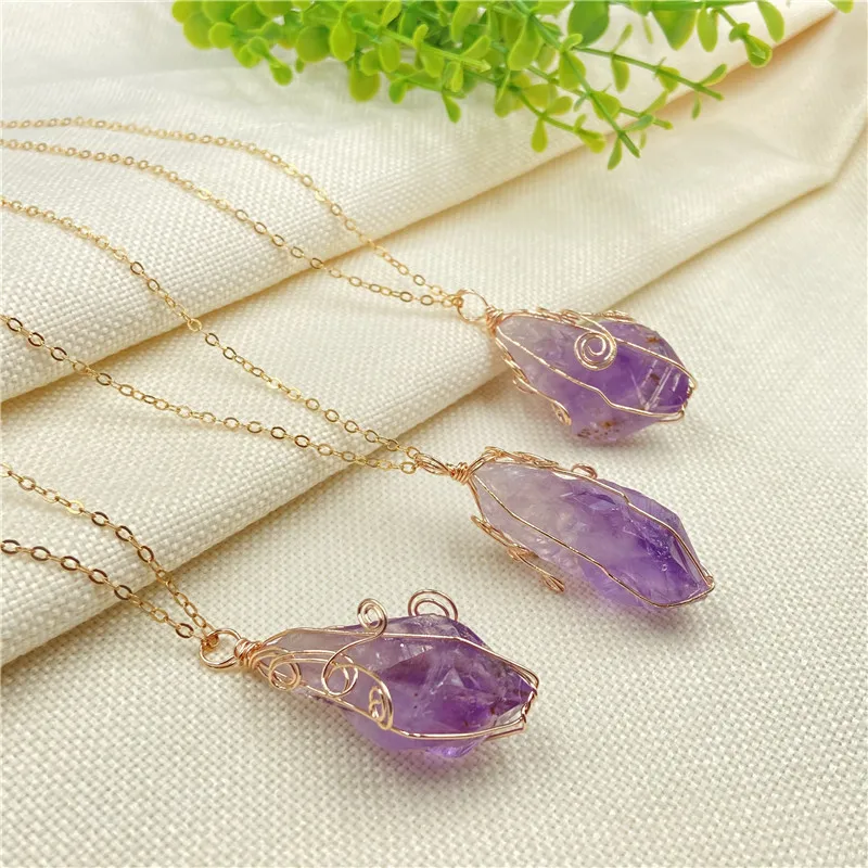 Fashion Handmade Copper Wire Wrapped Amethyst Raw Stone Pendant Necklace For Women Men Couples Gift Semi-precious Stone Jewelry