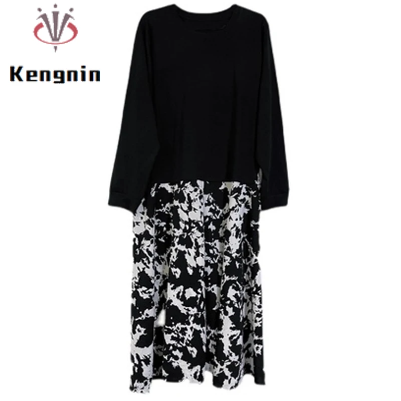 

New 2022 Spring Autumn Women Dresses Plus Size Print Floral Patchwork Black T-Shirt Dress Long Sleeve Female Clothing KE2333
