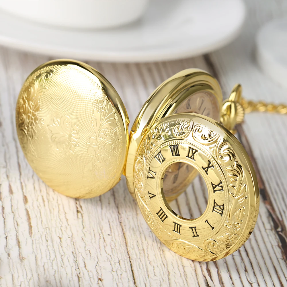 Gold Double Cover Roman Numerals Display Manual Mechanical Pocket Watch Skeleton Vintage Hand Winding Antique Clock Gift Male