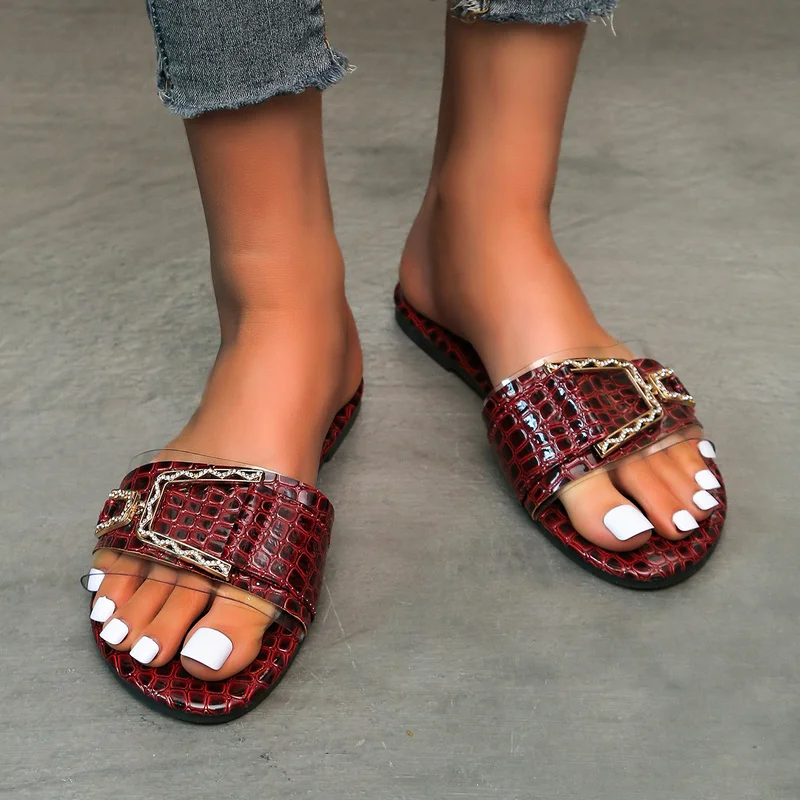 

Ladies Flat Slippers 2022 Fashion Korean Style Round Toe Sandals Soft Bottom Outer Wear Faux Metal Buckle Flat Sandals women