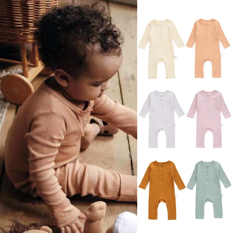 Ribbed Baby Jumpsuit Boy Girl Button Onesie Soft Cotton Fabric Long Sleeve Romper Newborn Clothes Solid Color