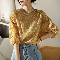 2022 summer new loose floral small top collar back ribbon niche design shirt women blusas o neck floral