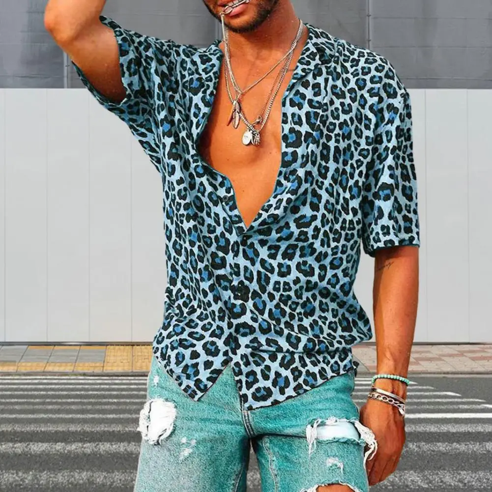 

Men Summer Shirt Lapel Short Sleeve Shirt Top Leopard Print Single-Breasted Hawaiian Beach Shirt Streetwear