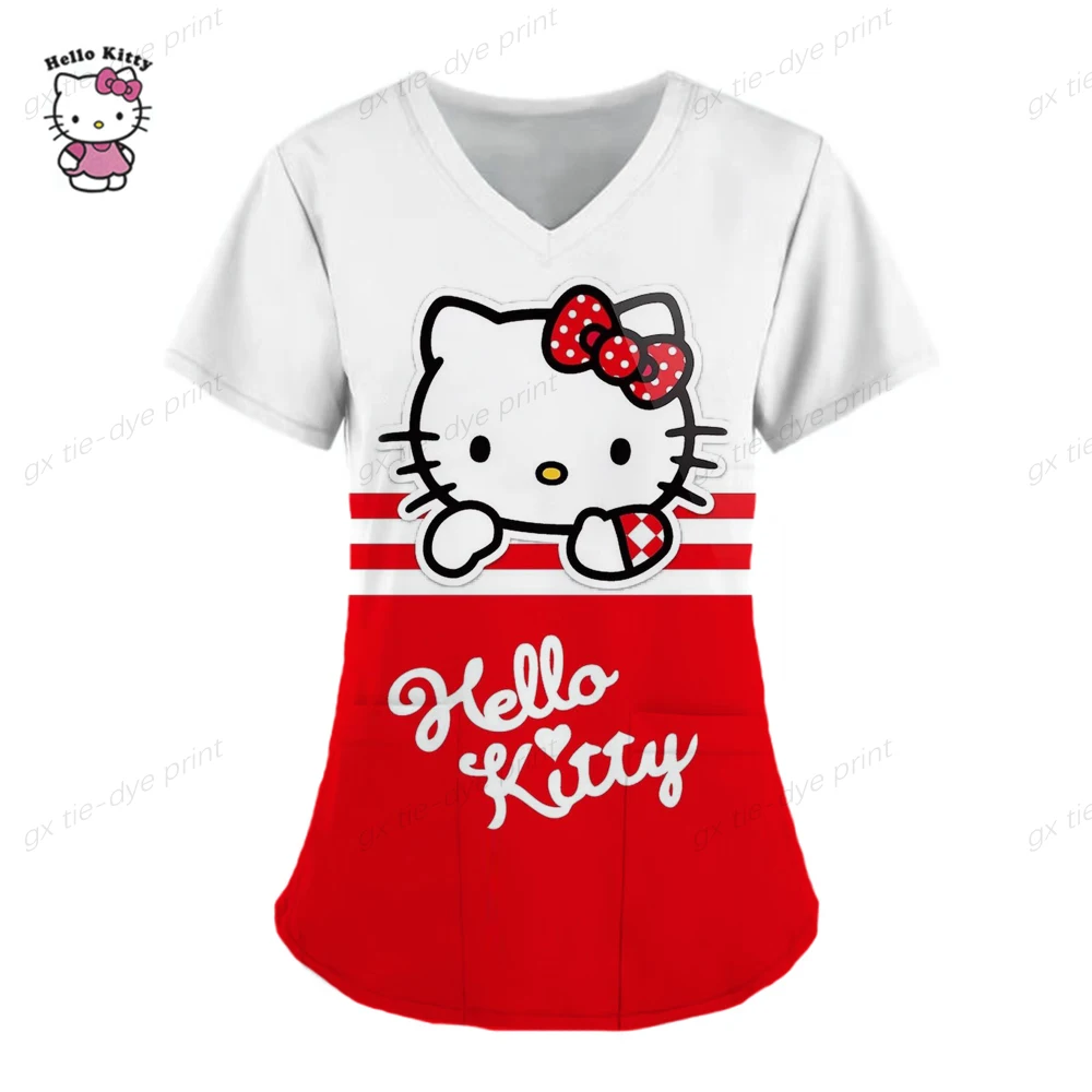 Футболка Hello Kitty униформа медсестры карман женская одежда с v-образным вырезом