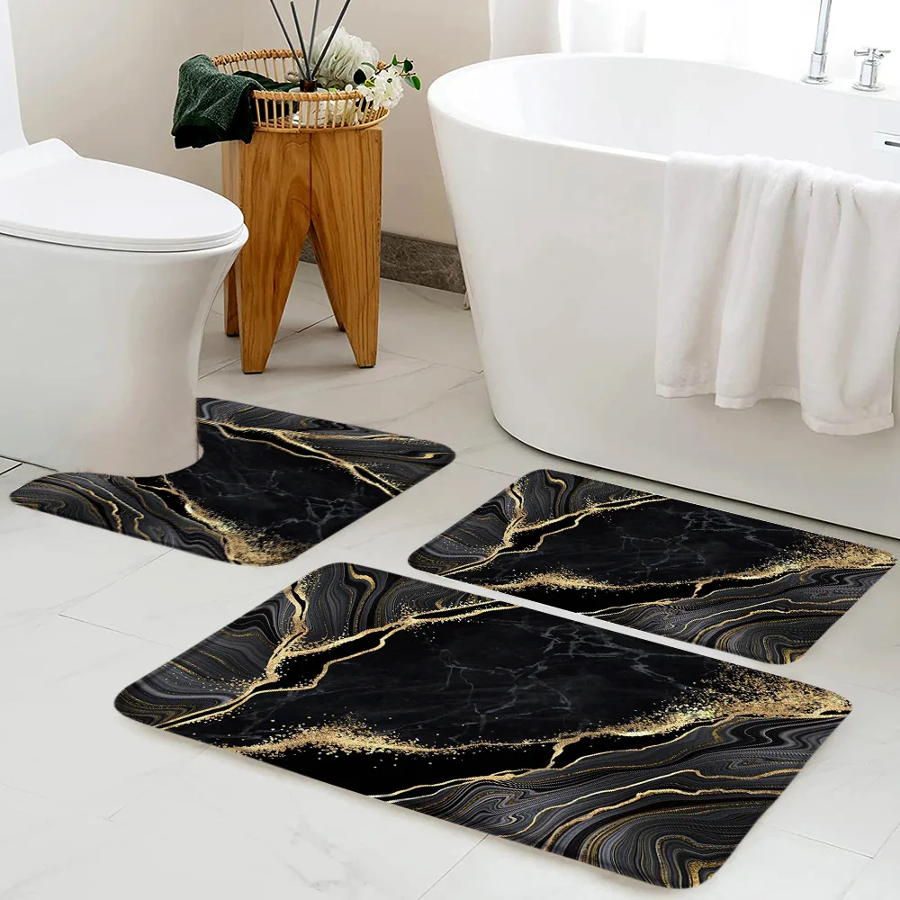 

Creative Black Marble Bath Mat Set Gold Lines Grey Textured Pattern Modern Home Carpet Bathroom Decor Non-Slip Rug u-Shaped Mats