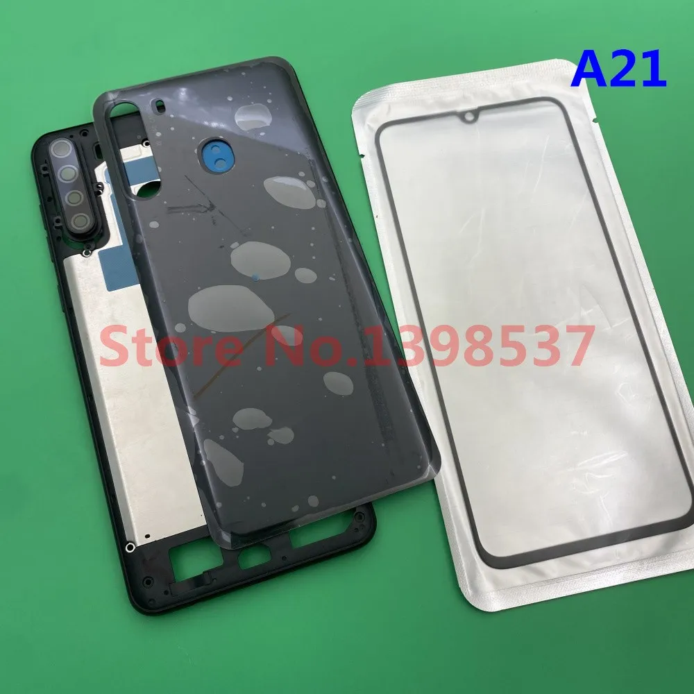 

For SAMSUNG Galaxy A21 A215 Full Housing Cover Rear Blac Battery Door+Front Touch Panel Glass With Oca+Camera Lens Replacement