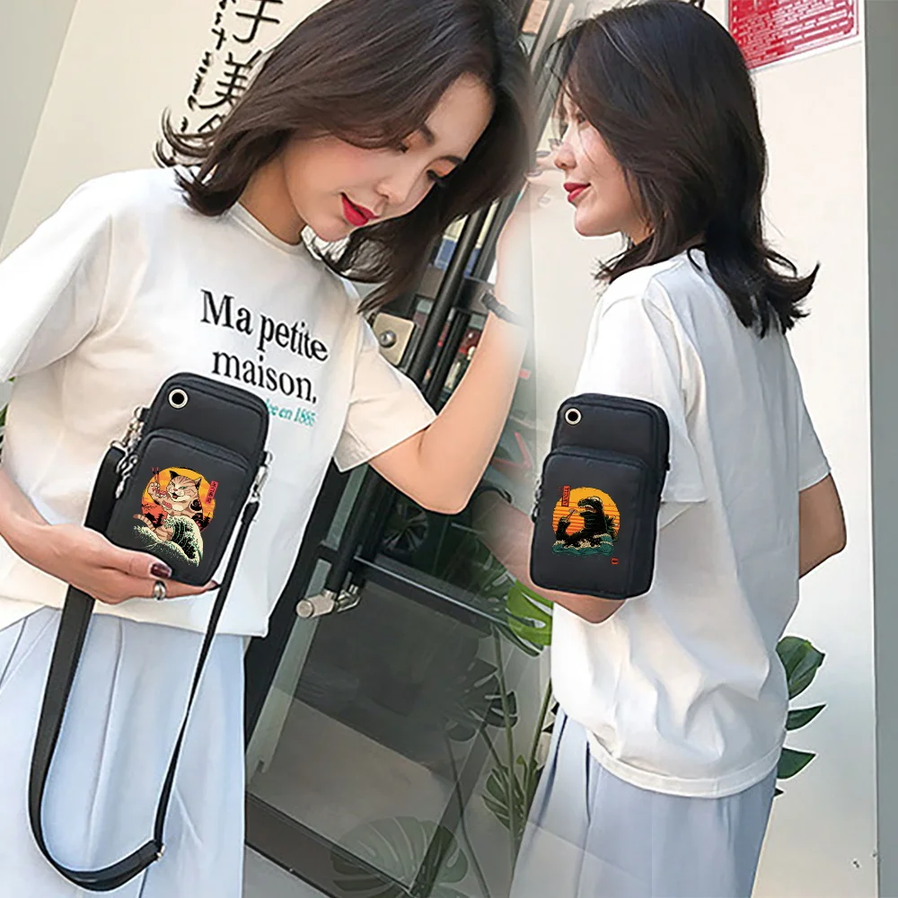 For Vivo X70/Huawei Mata40 Universal Case Pouch Outdoors Sports Bags Travel Mobile Phone Wallet Simple Japan Cat Print Arm Bag