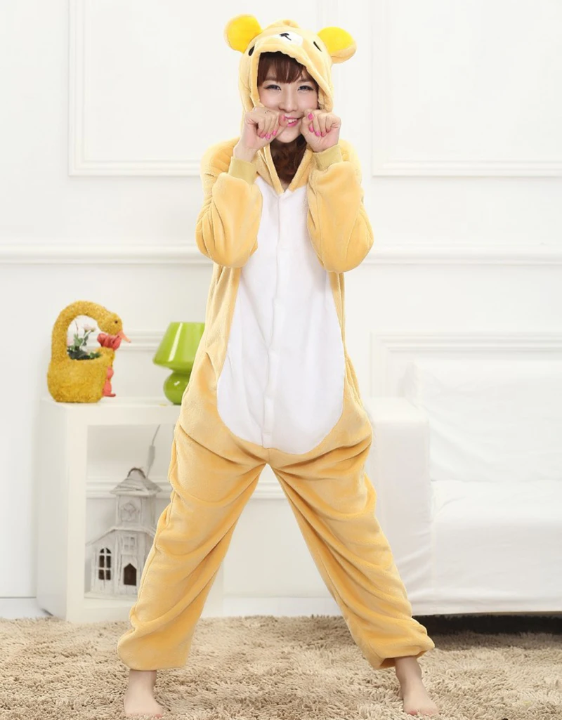 Unisex Winter One-Piece Cartoon Bear Pajamas With Two Round Ears Polyester Warm Length To The Floor Cute Sleepwear Cosplay