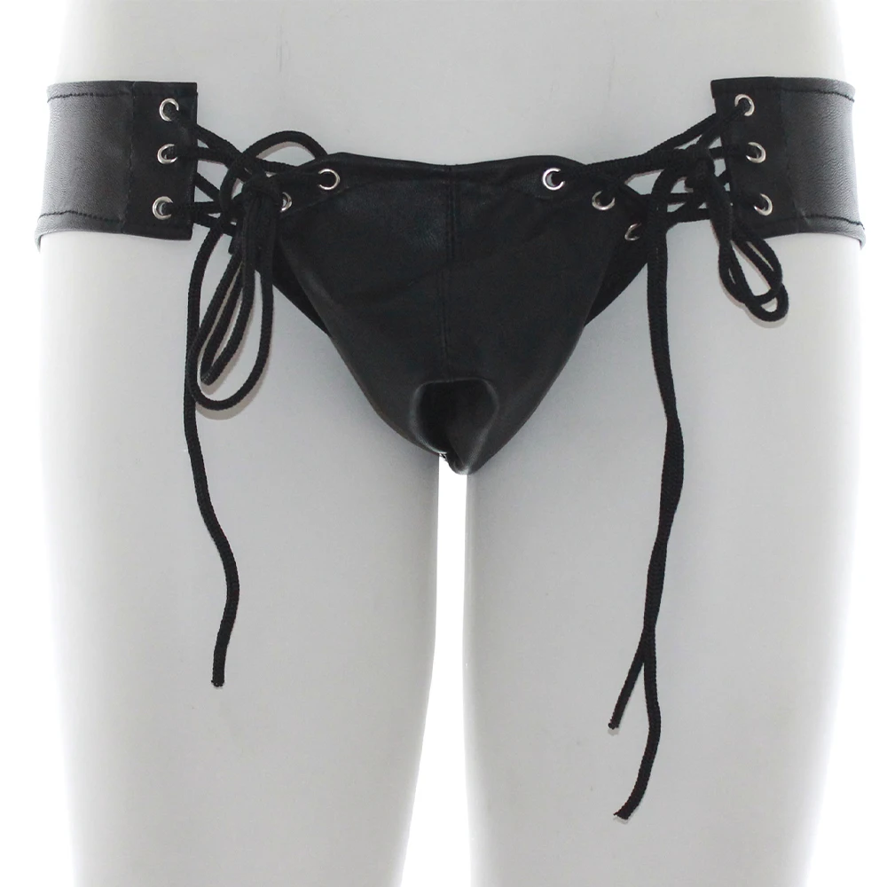 

Mens Faxu Leather Briefs Lace-up Bandage Erotic Lingerie Gay Sexy Underwear Jockstrap Bulge Pouch Underpants Harness Chastity