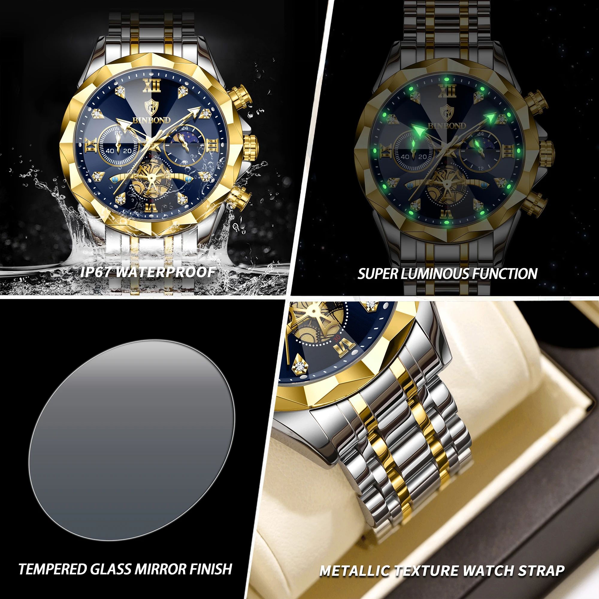 Мужские кварцевые часы BINBOND Chronograph класса люкс: прочные, светящиеся, водонепроницаемые, с точным секундомером. Идеально для дропшиппинга. (art.: 3920dbc8ffa6f) - 3920dbc8ffa6f