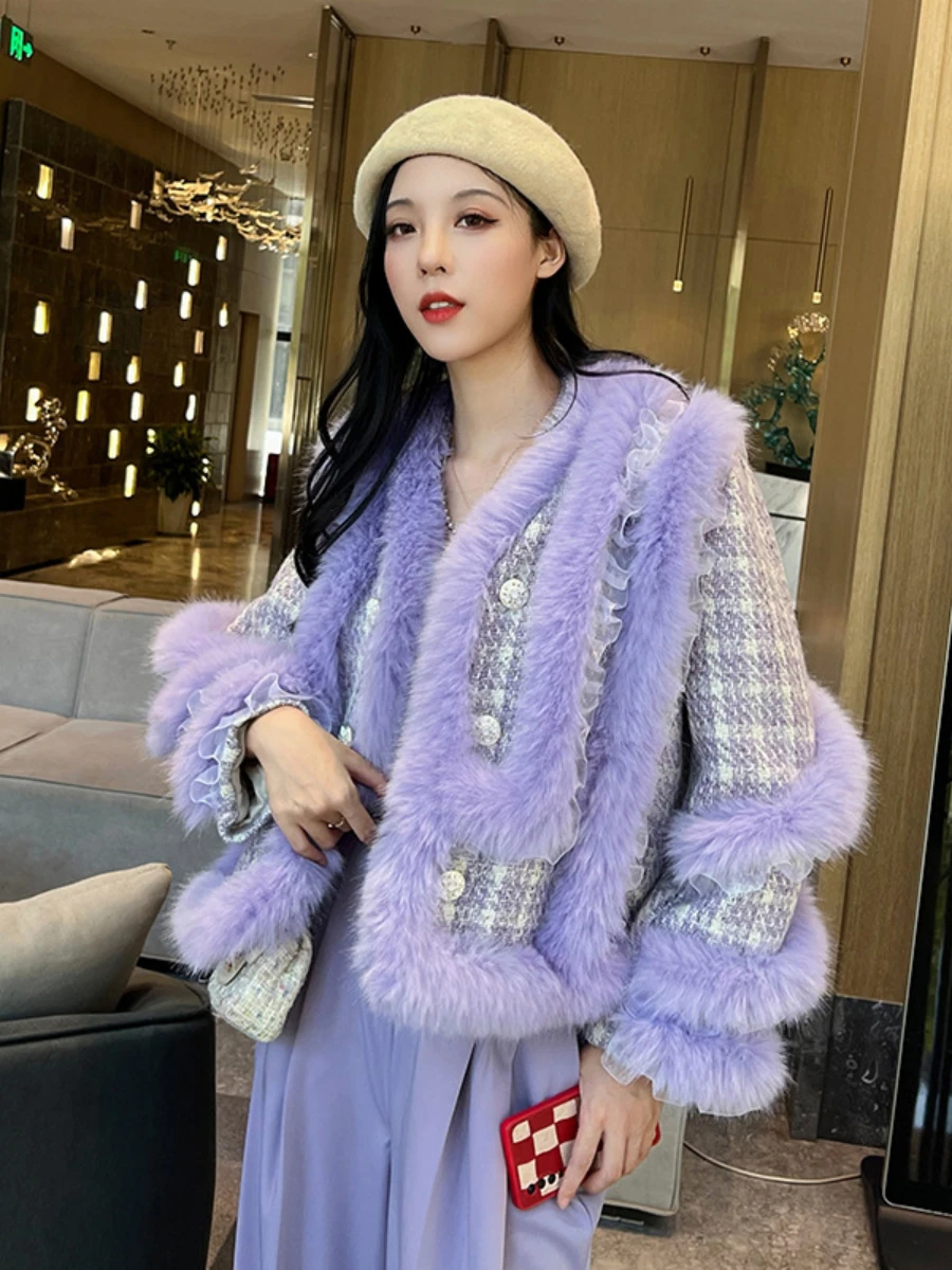 2022 Winter New Luxury Fox Fur Stitching Purple Fur Coat Women Socialite V-neck Long Sleeve Double Breasted Woolen Jacket Casaco