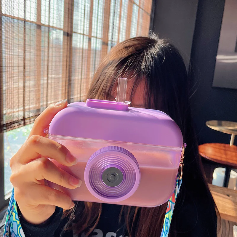 Korea Kawaii Cartoon Camera Plastic Cup Straw Water Bottle 400ml Cup Strap Outdoor Leak-proof Cup Girls Kids Drinkware