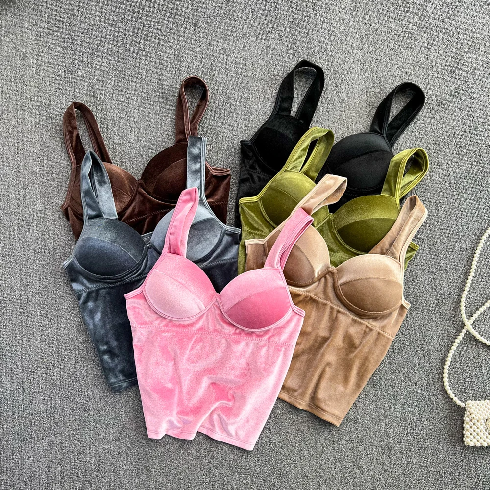 

Women Retro Velour Crop Top Sexy V-neck Padded Spaghetti Strap Sleeveless Backless Camis Top Solid Summer Club Party Tank Tops