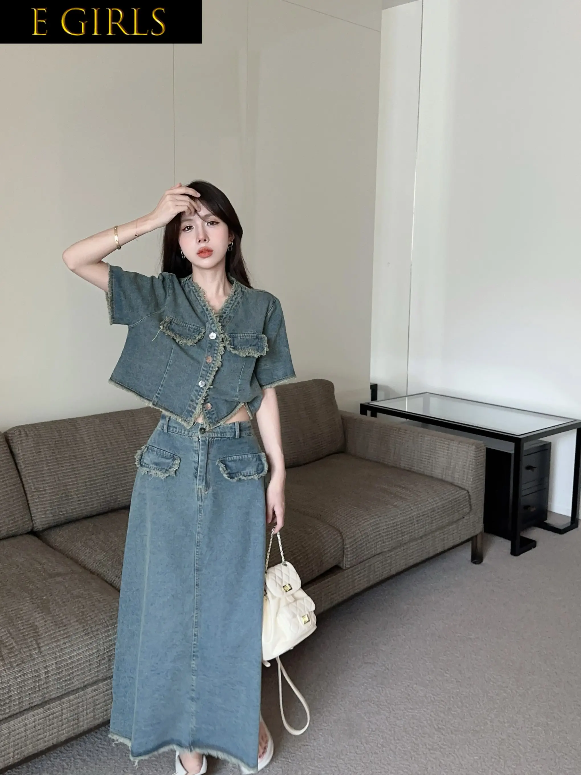 

E GIRLS Korean Version of Pure Raw V-neck Short Denim Jacket+high Waist Slim Joker Skirt Summer Suit Female Tide