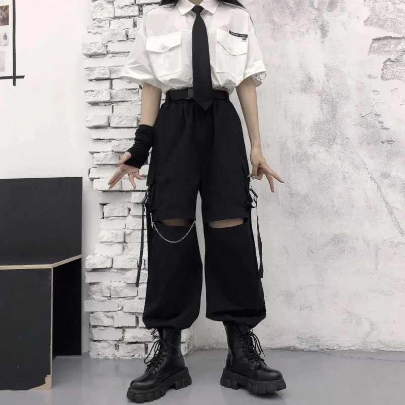 

Deeptown Y2k Harajuku Black Cargo Pants Women Streetwear Aesthetic Punk Techwear Hippie Trousers Gothic High Waist Korean Style