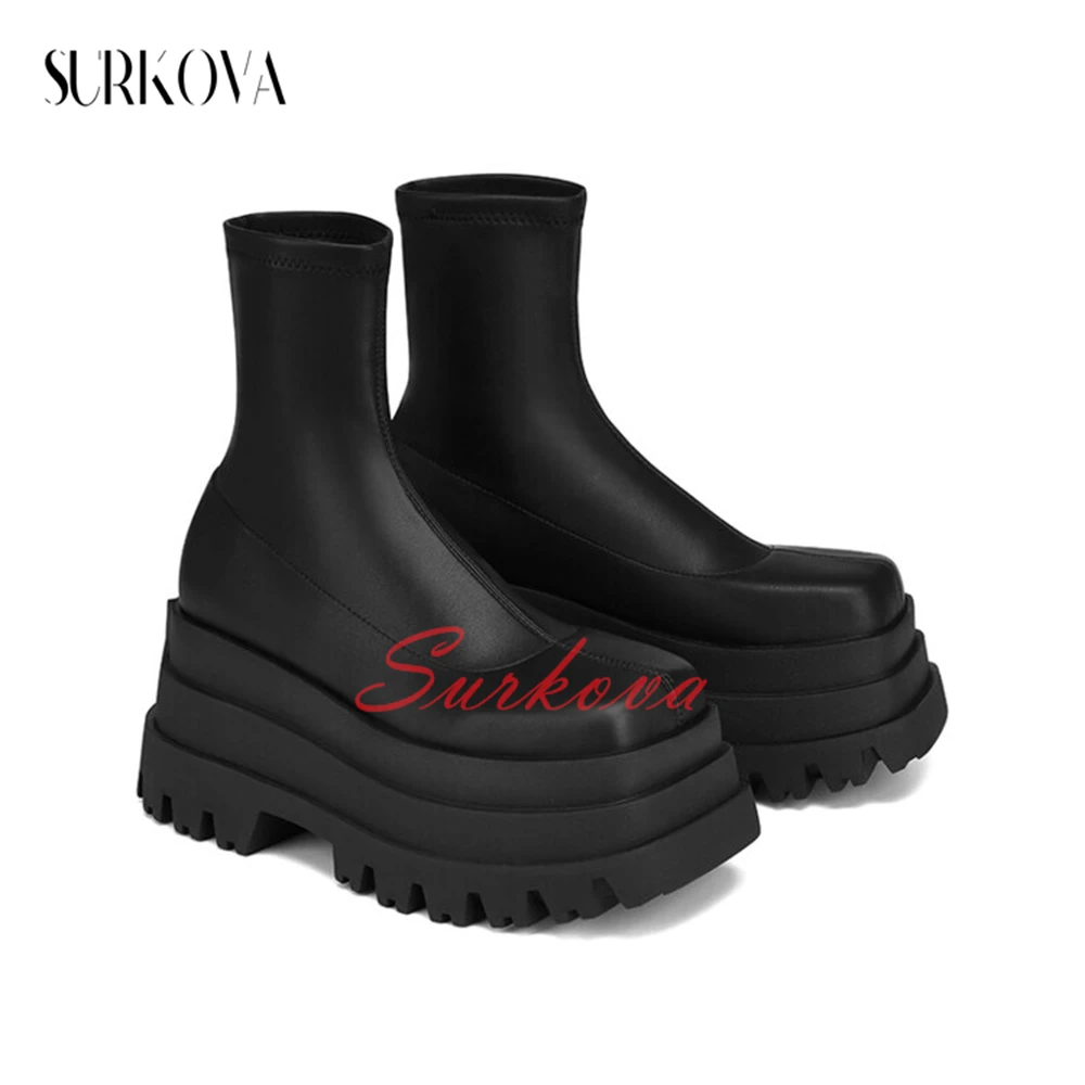 Women's Solid Color Patent Leather Platform Boots Round Toe Slip On Ankle Boots Ladies Fashion Boots Casual Shoes for Women New