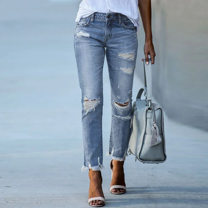 Raw Edge Ripped Slim Jeans Woman Summer Fashion Casual Straight Leg Nine Points Solid Color All-match Mid Waisted Slouchy Jeans