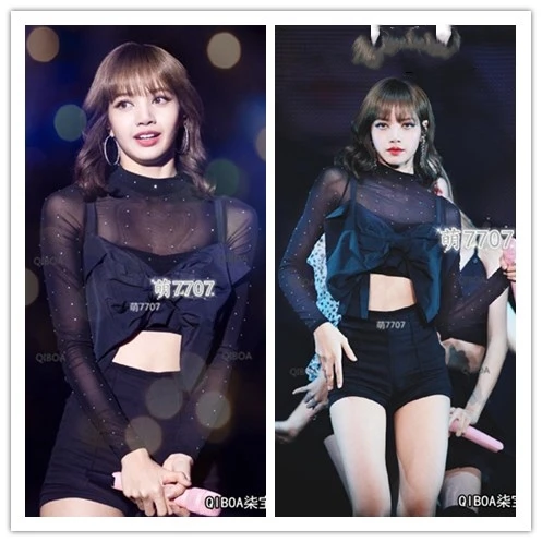 

kpop Korean Celebrity dance show same black long sleeve t shirt Bow-knot vest tops+sexy slim high waist shorts women 2 piece set